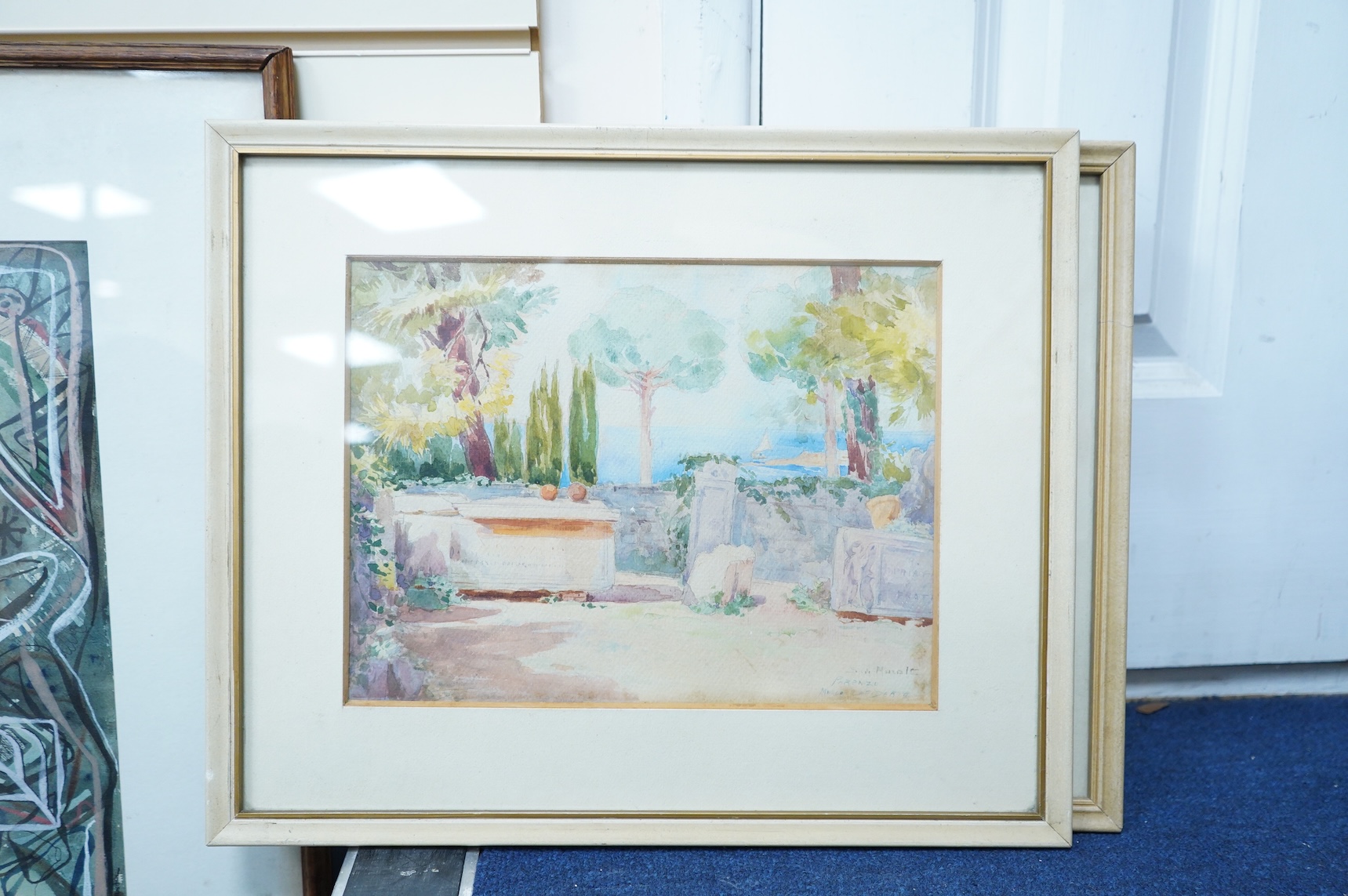 Italian School, ‘St. Marguerite and Parenzo’, each indistinctly signed and inscribed, pair of watercolours together with a similar impressionist oil, Figures before buildings, 21 x 24cm